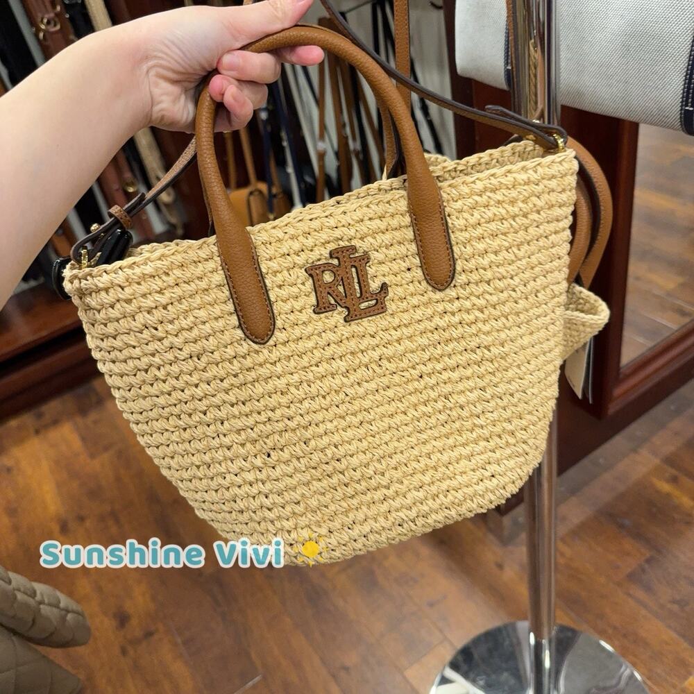 NWT Lauren RALPH LAUREN Small Woven Straw Tote Bag Natural/Lauren Tan